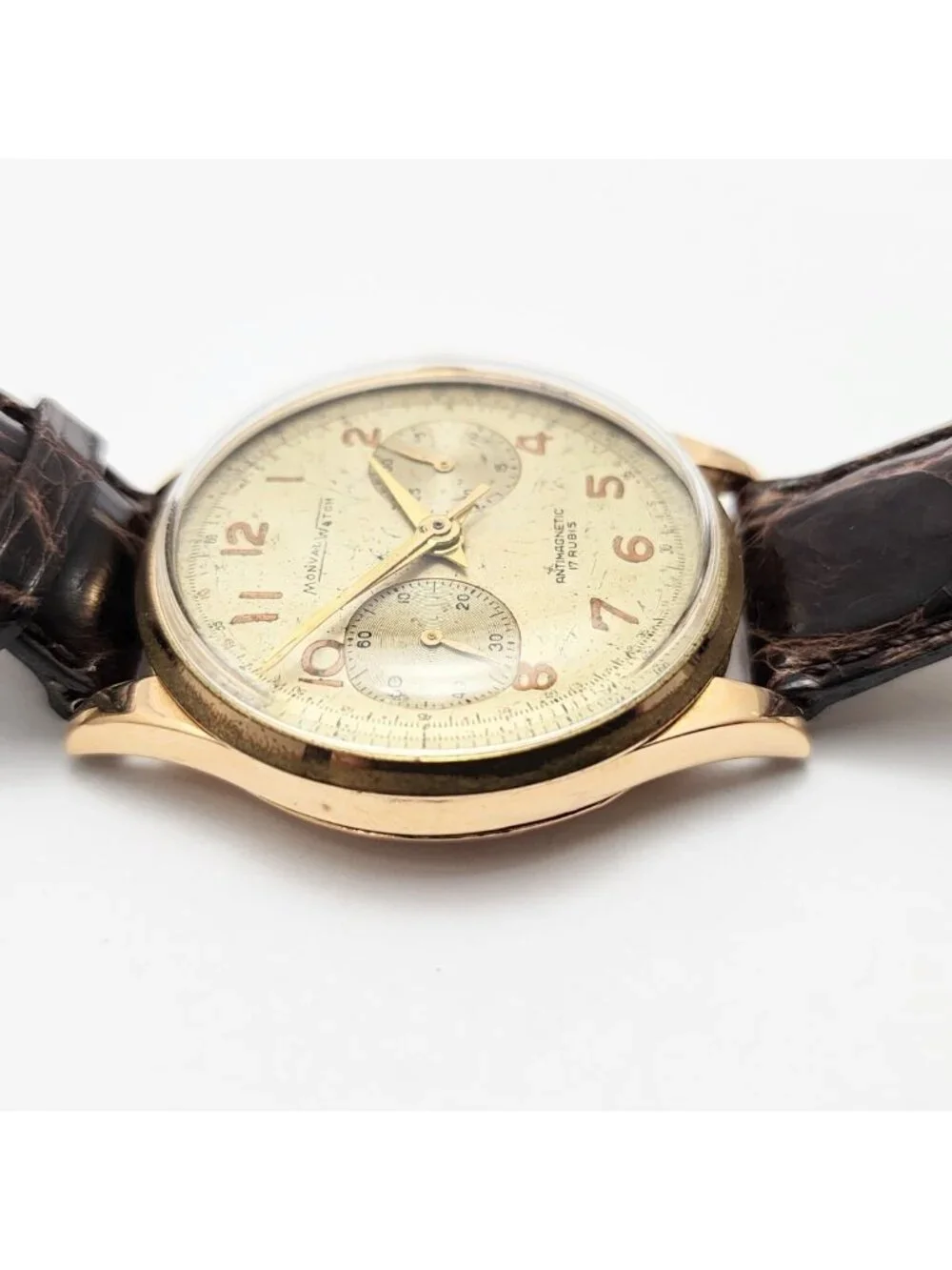Vintage Monval 18K Rose Gold 37mm 17J Antimagnetic Chronograph Swiss Watch